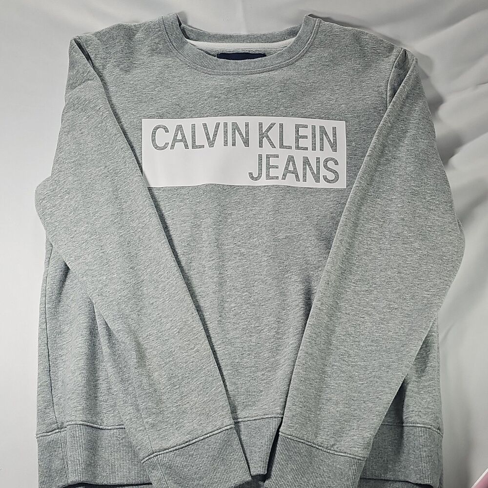 Calvin Klein Jeans Sweatshirt Womens Large Gray Logo Fleece Crew Neck Top Casual